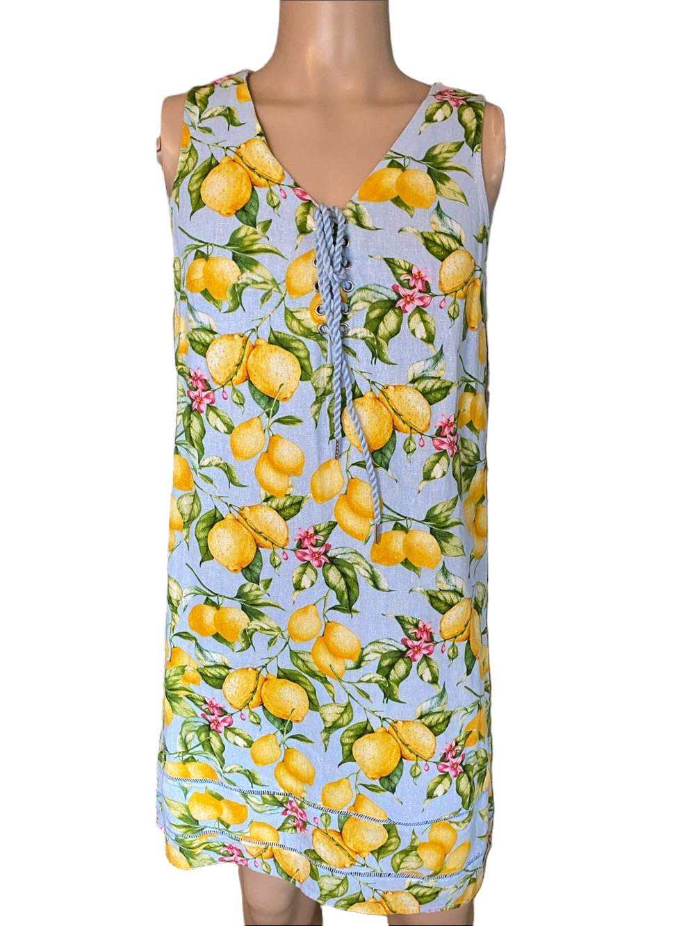 For Cynthia Light Blue Lemon Print Sleeveless Swim Cover-Up Dress gb3